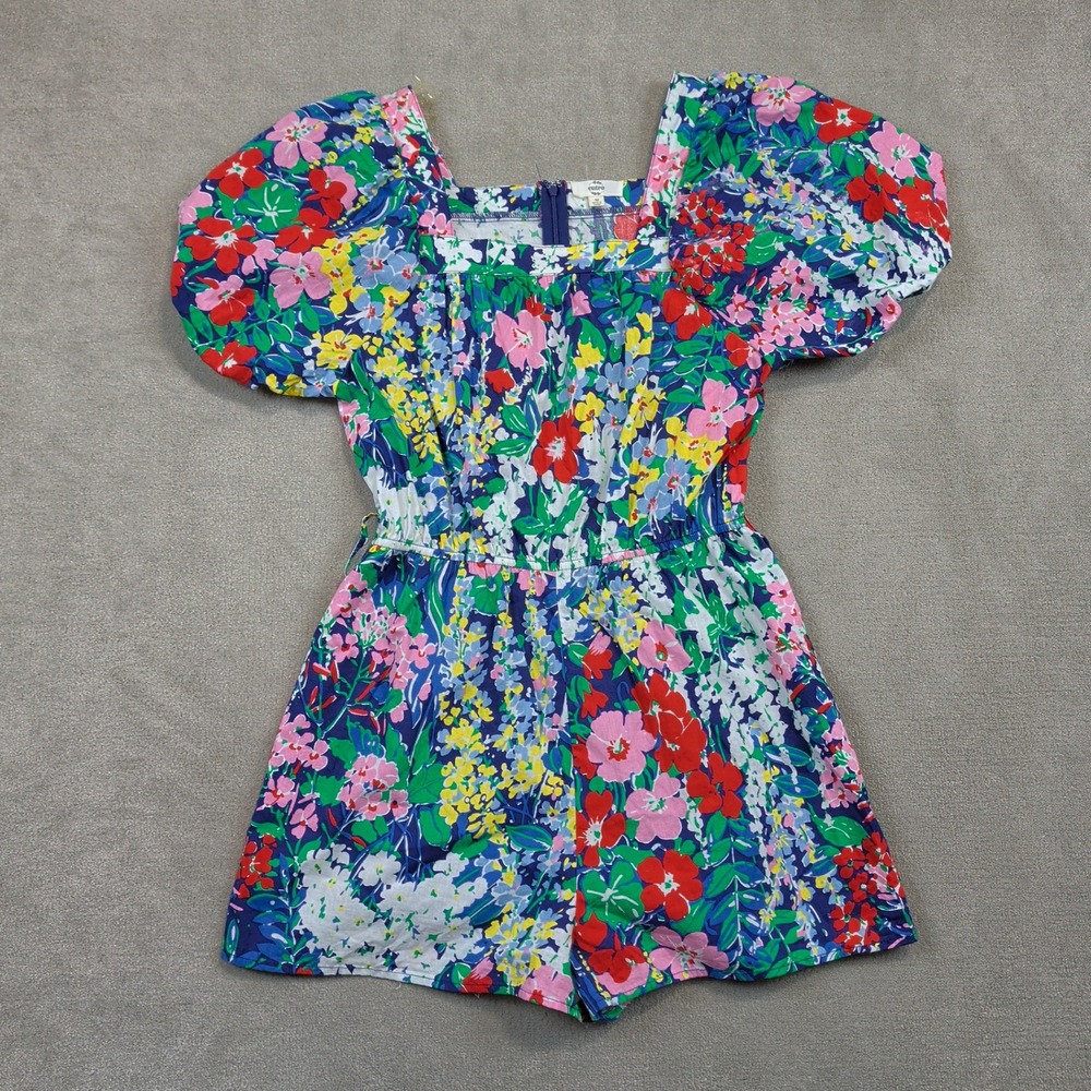 Entro Romper Womens Medium Blue Multi Floral Puff Sleeve Square Neck Cotton
